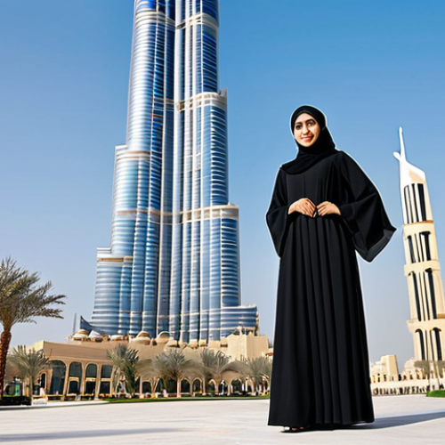 **

"A modern, fully clothed Emirati businesswoman in a professional abaya (modest and flowing) and hijab, standing confidently in front of the Burj Khalifa in Dubai. The scene is brightly lit with sunshine. Appropriate attire, safe for work, family-friendly, perfect anatomy, correct proportions, well-formed hands, natural pose, professional photography, high quality. "

**
