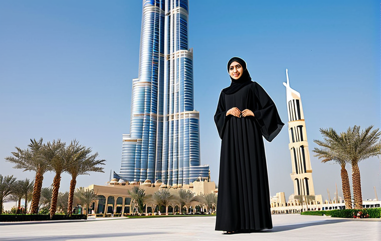 **

"A modern, fully clothed Emirati businesswoman in a professional abaya (modest and flowing) and hijab, standing confidently in front of the Burj Khalifa in Dubai. The scene is brightly lit with sunshine. Appropriate attire, safe for work, family-friendly, perfect anatomy, correct proportions, well-formed hands, natural pose, professional photography, high quality. "

**